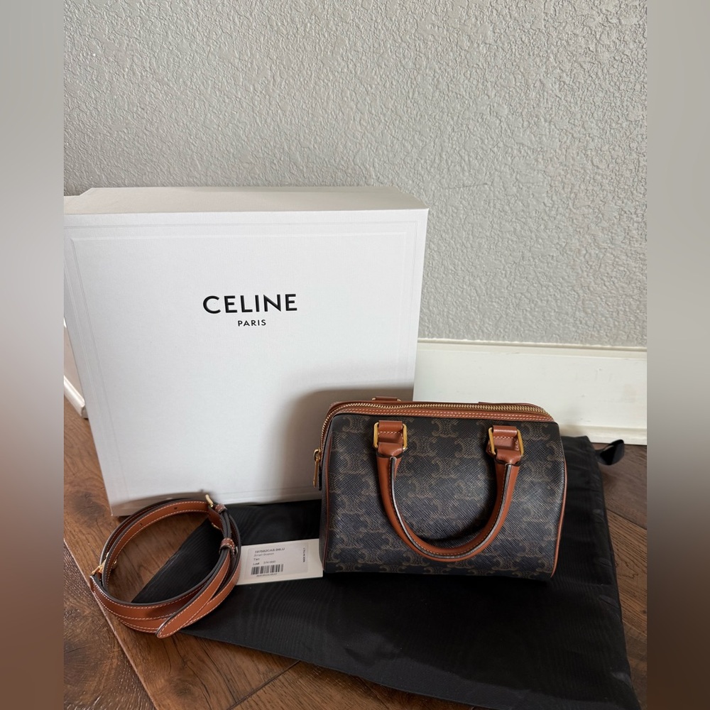 Celine Small Boston in Triomphe Canvas and Calfskin